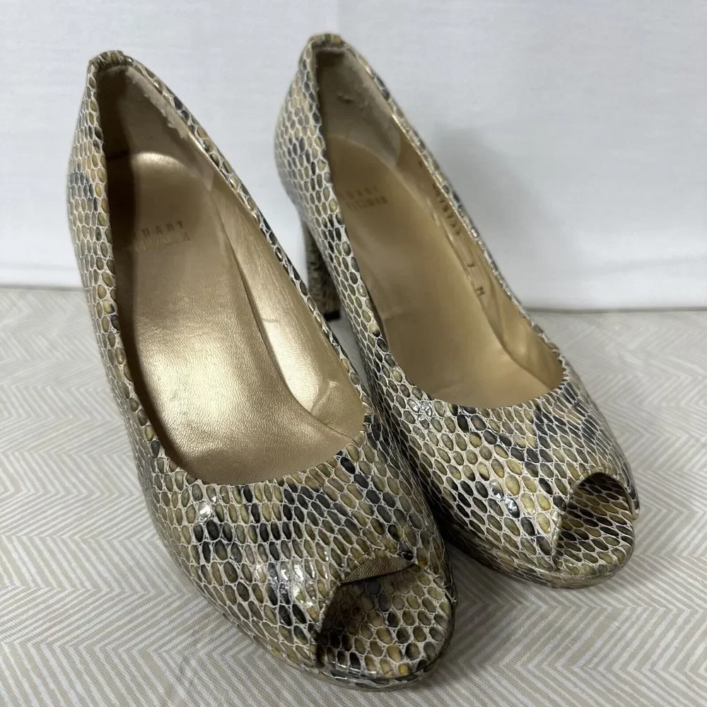 Stuart Weitzman Pumps Womens 7 Brown Snake Print Leather Peep Toe Platform Heels